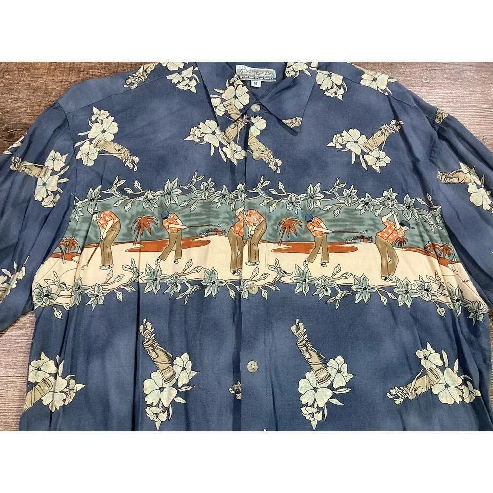 Campia Men’s Medium Hawaiian Shirt Blue Button Up Short Sleeve Golf Theme